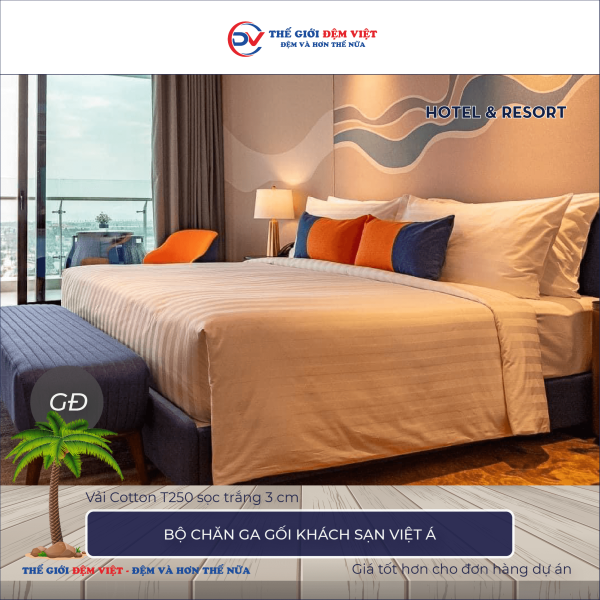 Bộ chăn ga gối khách sạn Việt Á vải Cotton T250 sọc trắng 3cm 7